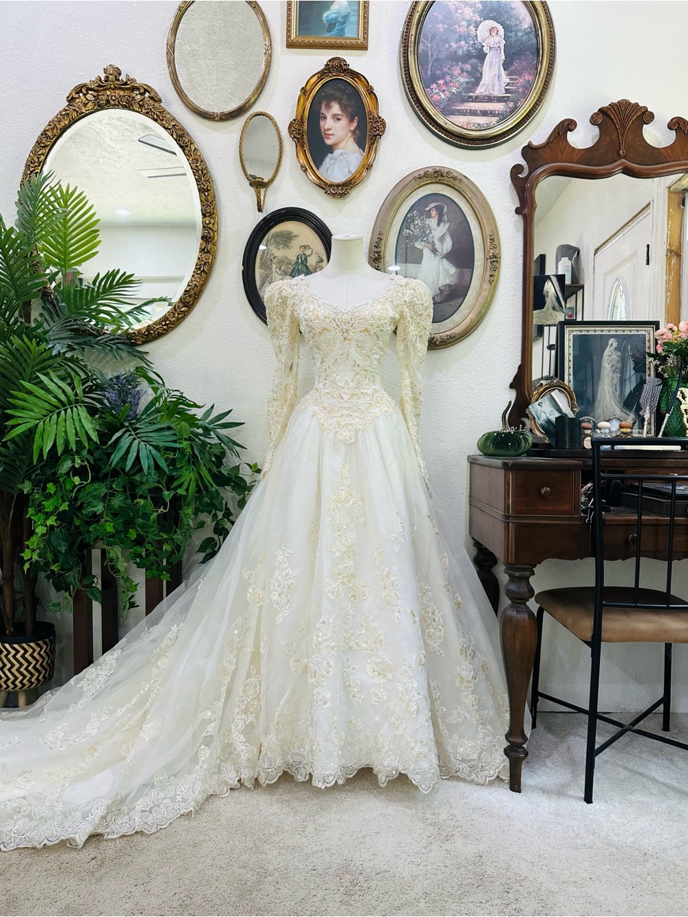 Oleg Cassini Ivory and Gold Lace Long Sleeve Ball Gown Wedding Dress